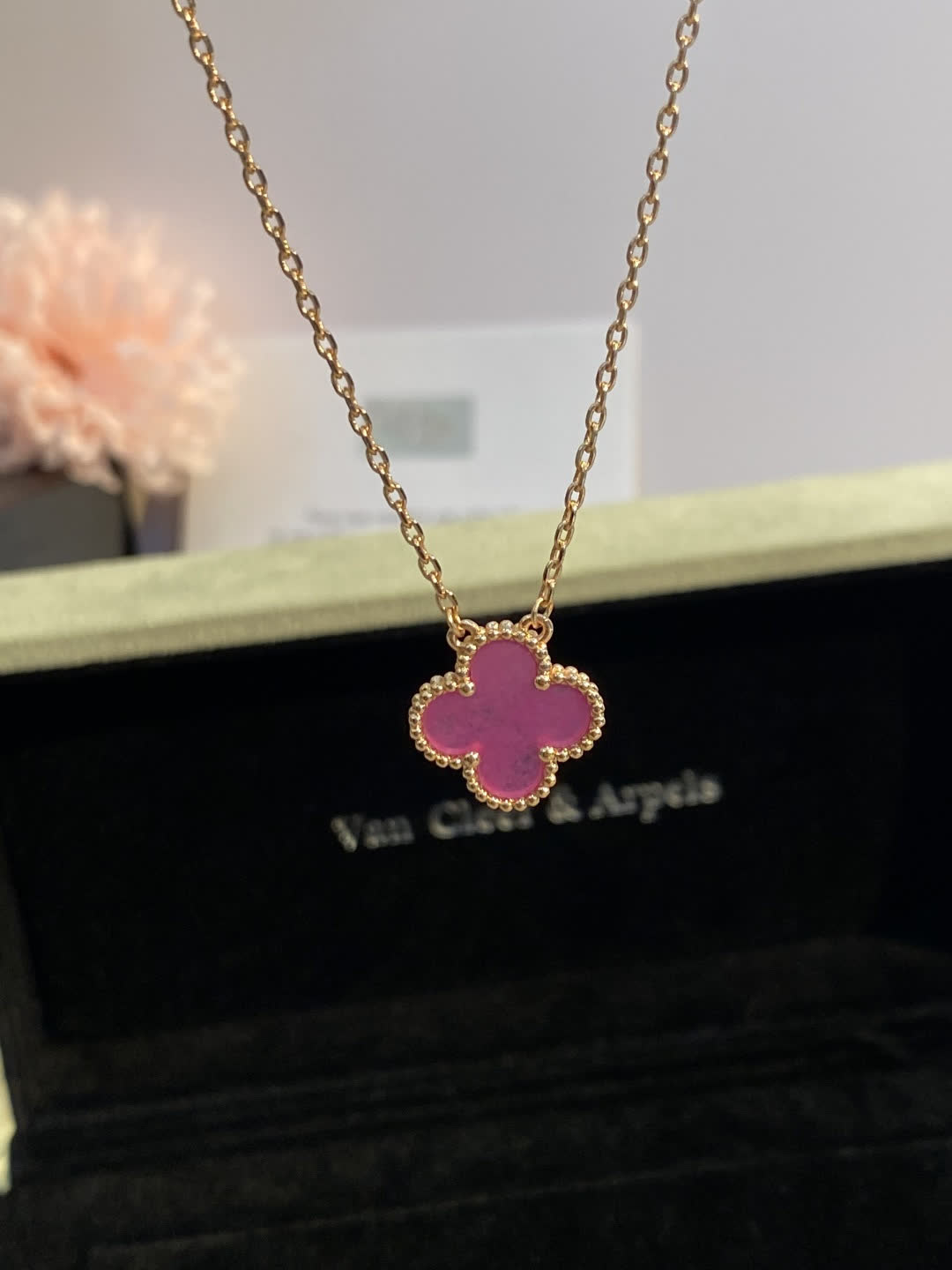 Van Cleef & Arpels Vintage Alhambra Pink Enamel Gold Necklace